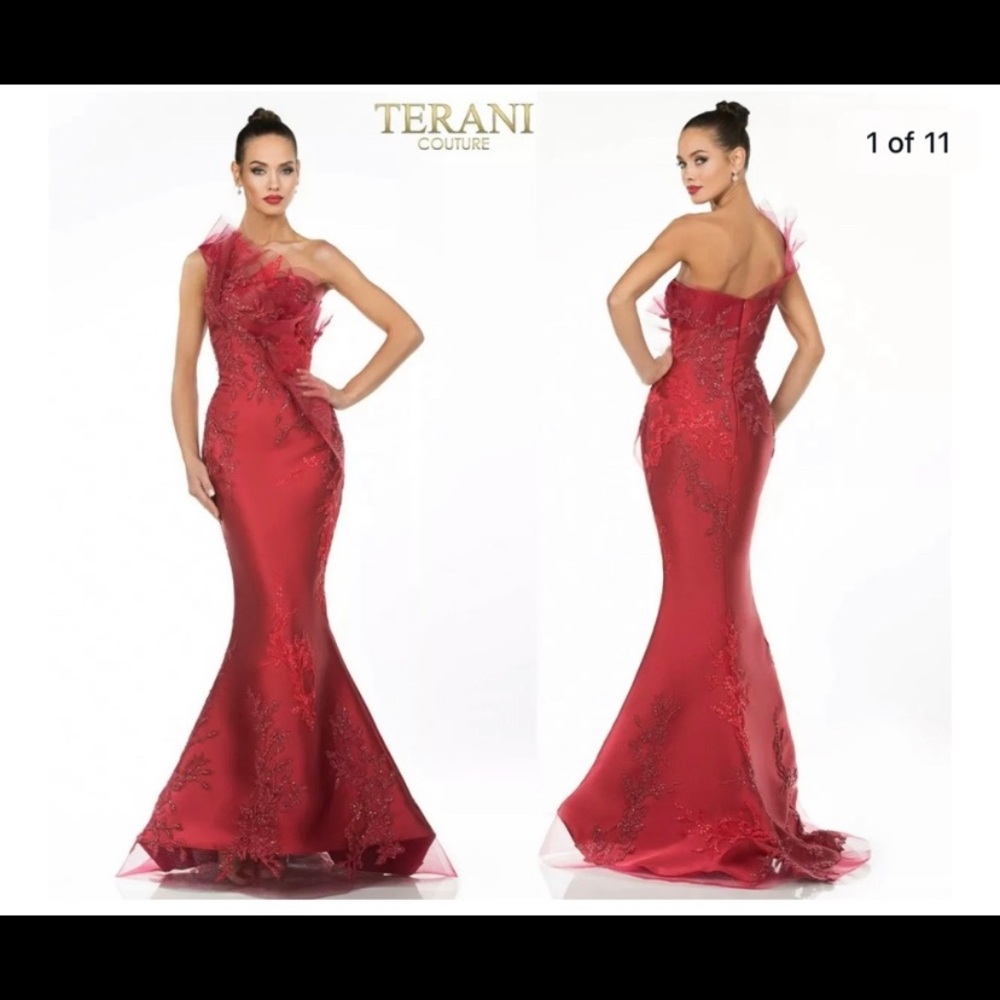 Terani couture red one shoulder gown